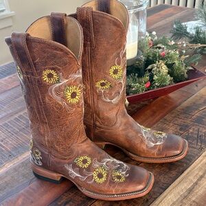 Shyanne Brown Heeled Boots with Yellow Floral Embroidery
